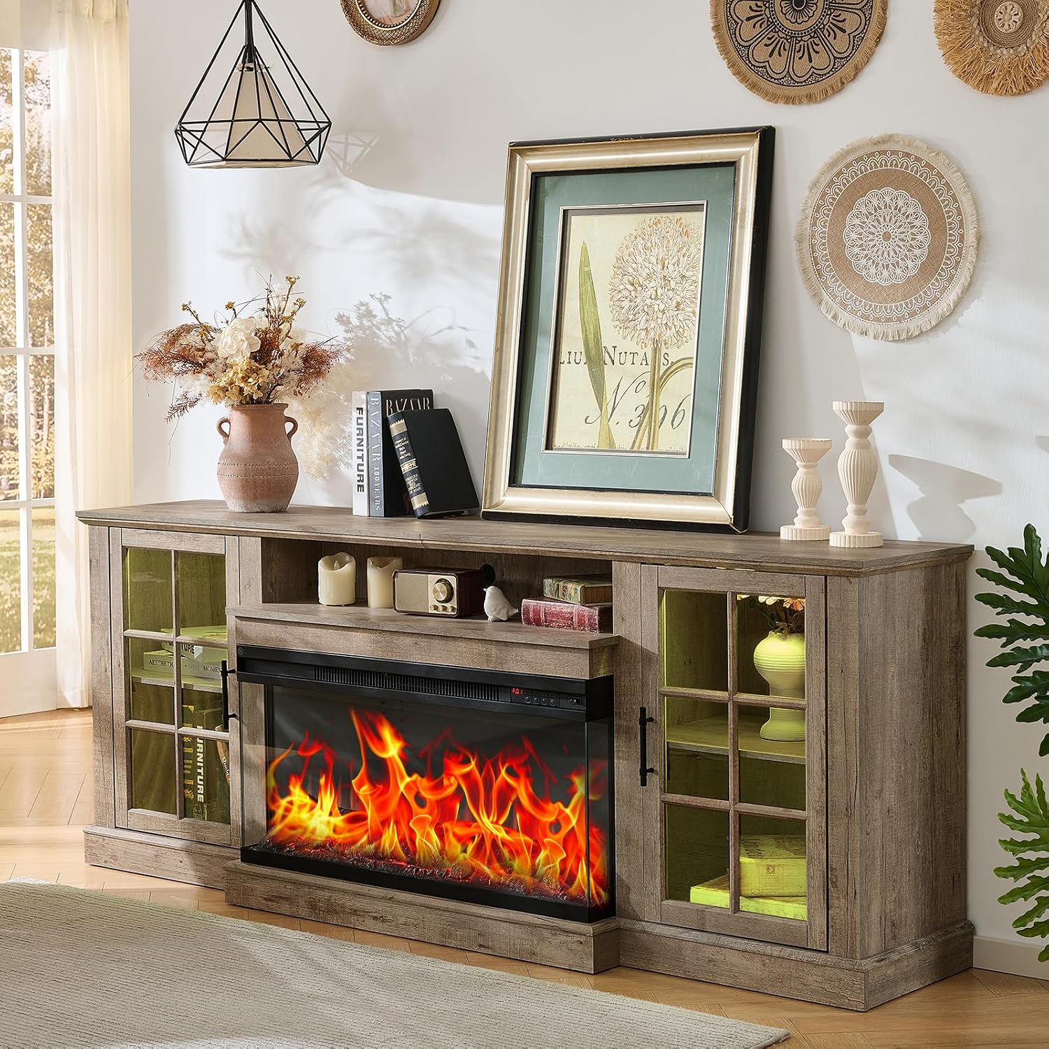 ROCKPOINT 3 Sided Glass 80' Fireplace TV Stand for TVs up to 90inch, Media Entertainment Center with Glass Door Storage Cabinet,36' Electric Fireplace with LED Light and Flame Colors,Grey