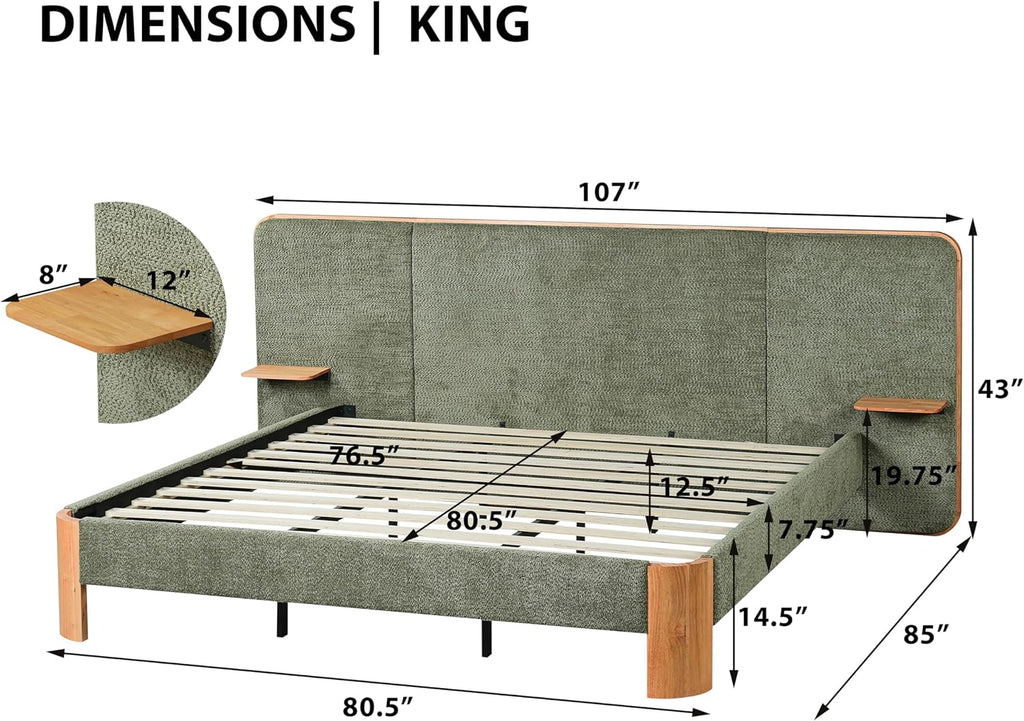 Merax King Size Boucle Upholstered Platform Bed with Wide Curved Headboard and Floating Shelves for Adults, Heavy Duty Steel Center Beam for Support, No Box Spring Needed, Antique Green