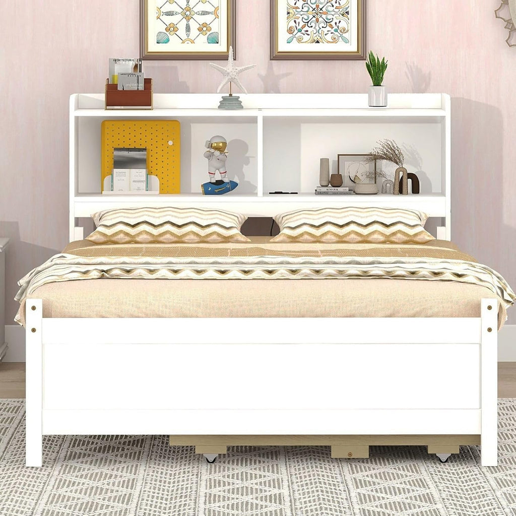 KEVINSPACE LED Bed Frame Full Size Captain's Bed Storage Daybed with Trundle Set, USB,Type-C Ports,LED Light Bed, Wooden Platform Bed with 3 Storage Drawers and Bookcase Headboard Bedroom White