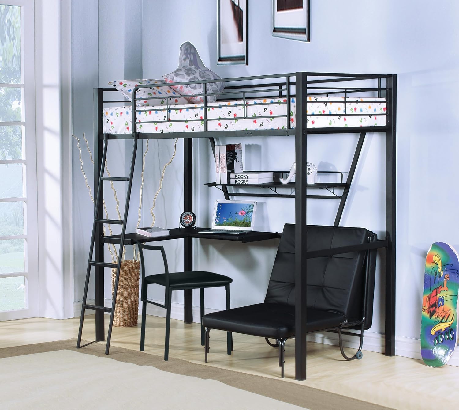 GOWE Senon Silver & Black Finish Twin Loft Bed W/Desk