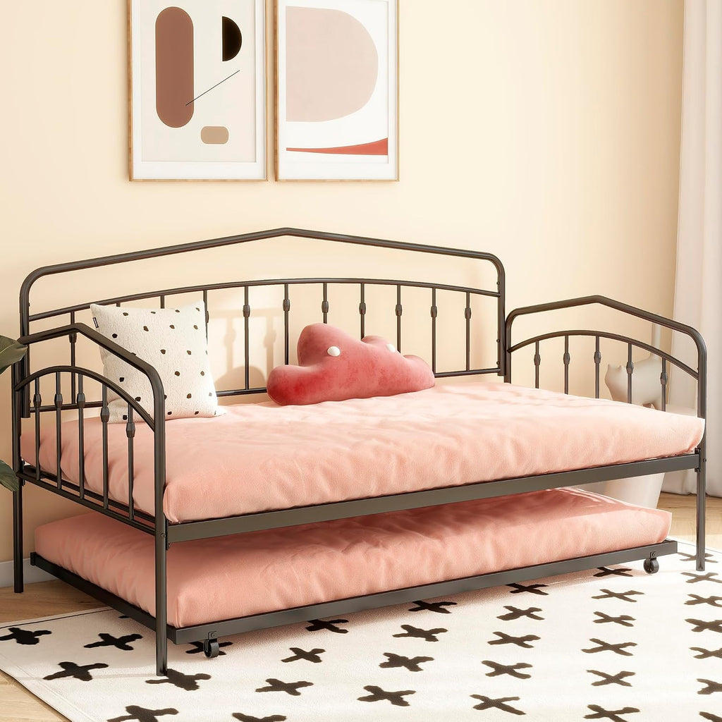 Twin Daybed with Trundle,Metal Sofa Bed Set,Rollaway Daybed Couch Bed Frame for Bedroom Living Room Guest Room Black