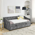 Wood Twin Daybed, Day Bed Frame with 2 Storage Drawers, Upholstered Twin Bed Frame Sofa Couch with Button and Nailhead Design for Bedroom Guest Room, No Box Spring Needed, Grey