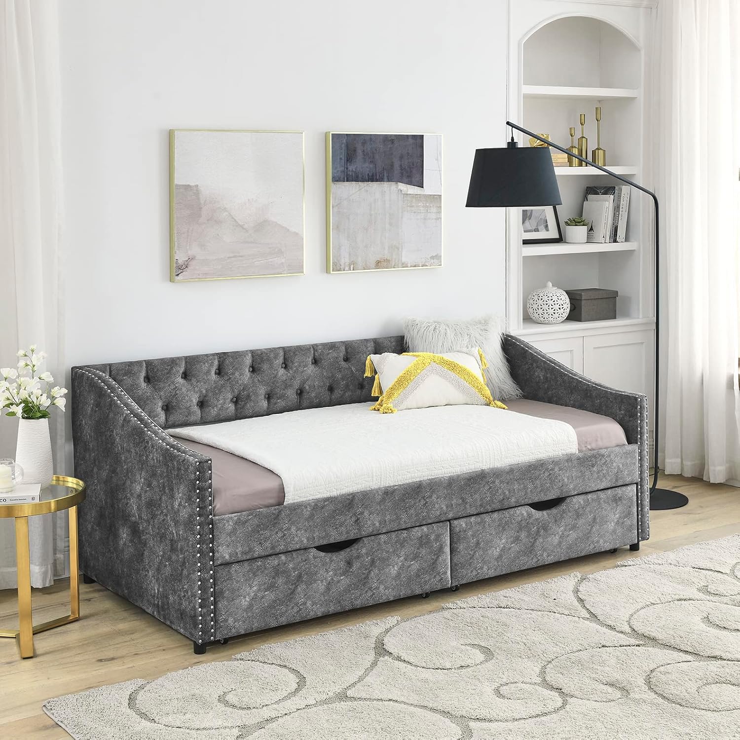 Wood Twin Daybed, Day Bed Frame with 2 Storage Drawers, Upholstered Twin Bed Frame Sofa Couch with Button and Nailhead Design for Bedroom Guest Room, No Box Spring Needed, Grey