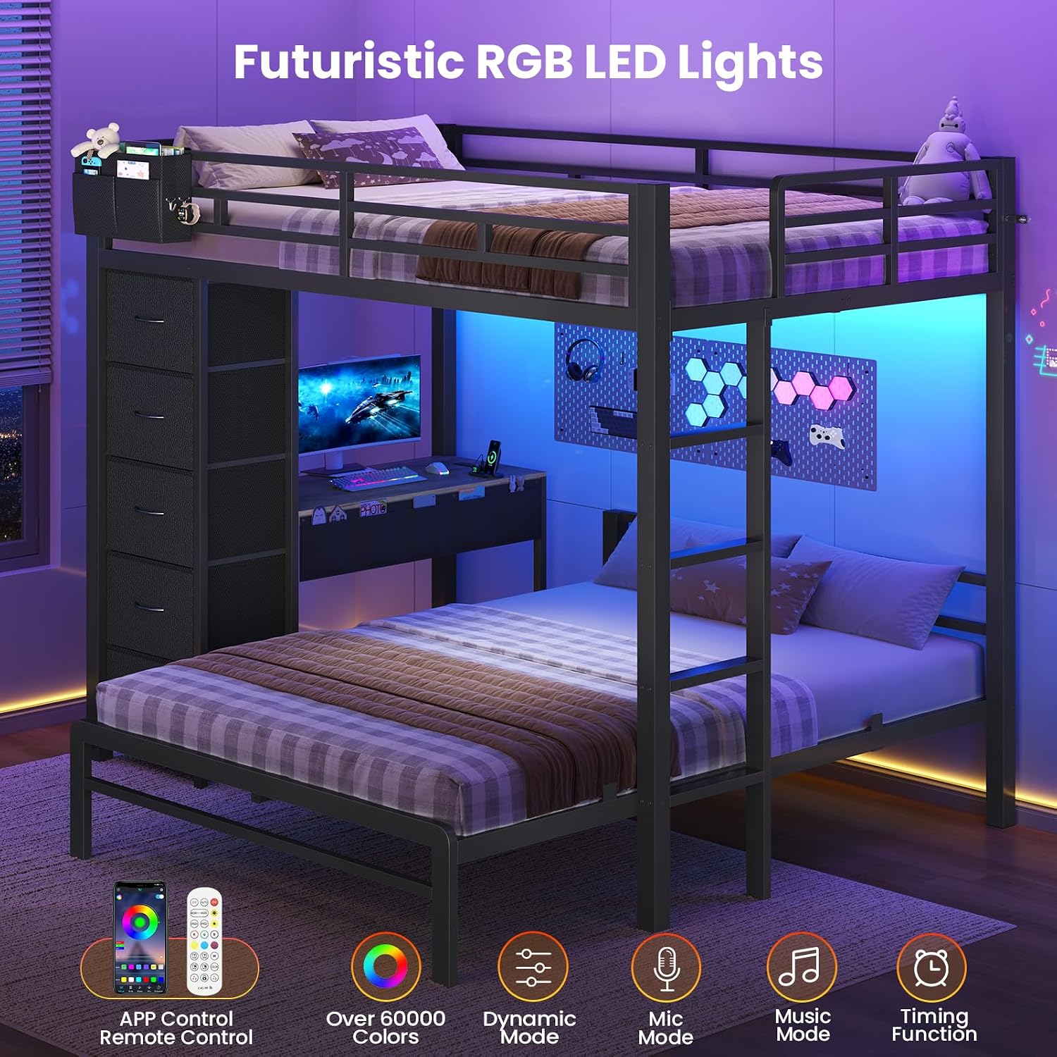 BTHFST Bunk Bed with Desk, Full Over Full Bunk Beds with 5 Storage Drawers & Charging Station, Full Size Bunk Bed with LED Lights & Safety Guardrail for Kids/Teens, Black