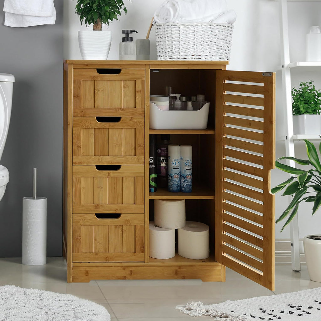 Yardenaler Bamboo Bathroom Storage Cabinet with 4 Drawers & 2 Removable Shelves, Freestanding Storage Organizer Multifunctional for Living Room, Bathroom, Natural
