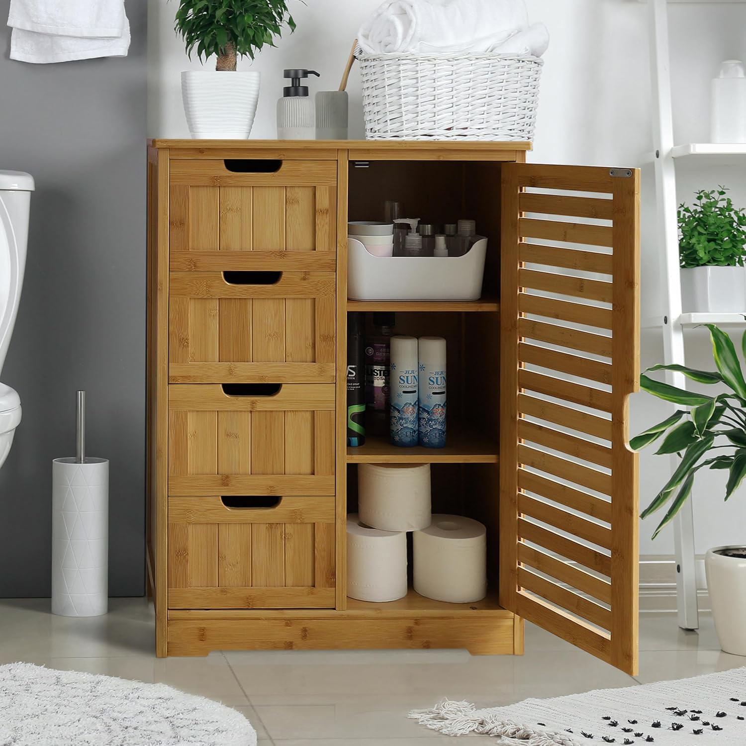 Yardenaler Bamboo Bathroom Storage Cabinet with 4 Drawers & 2 Removable Shelves, Freestanding Storage Organizer Multifunctional for Living Room, Bathroom, Natural