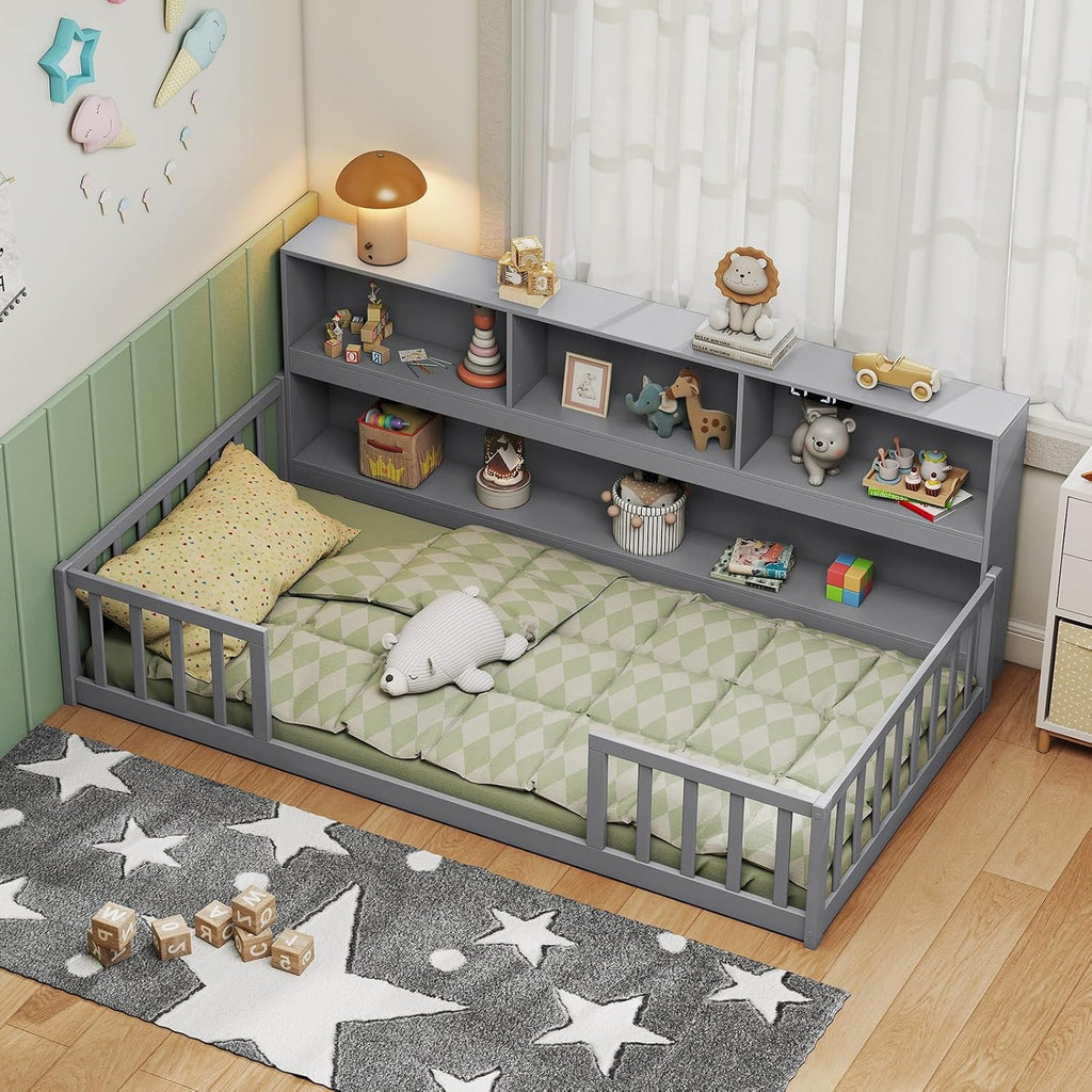 BECOMFORT Twin Floor Bed for Kids, 2-in-1 Kids Twin Floor Bed Frame with Bedside Bookcase & Safety Guardrails, Montessori Bed for Boys Girls