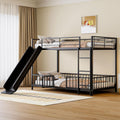 JIVOIT Metal Bunk Bed Frame with Slide and Ladder, Twin Over Twin Size Bunk Bed with Metal Slats Support, Heavy Duty Metal Low Bunk Bed, No Box Spring Needed (Black,Twin,09)