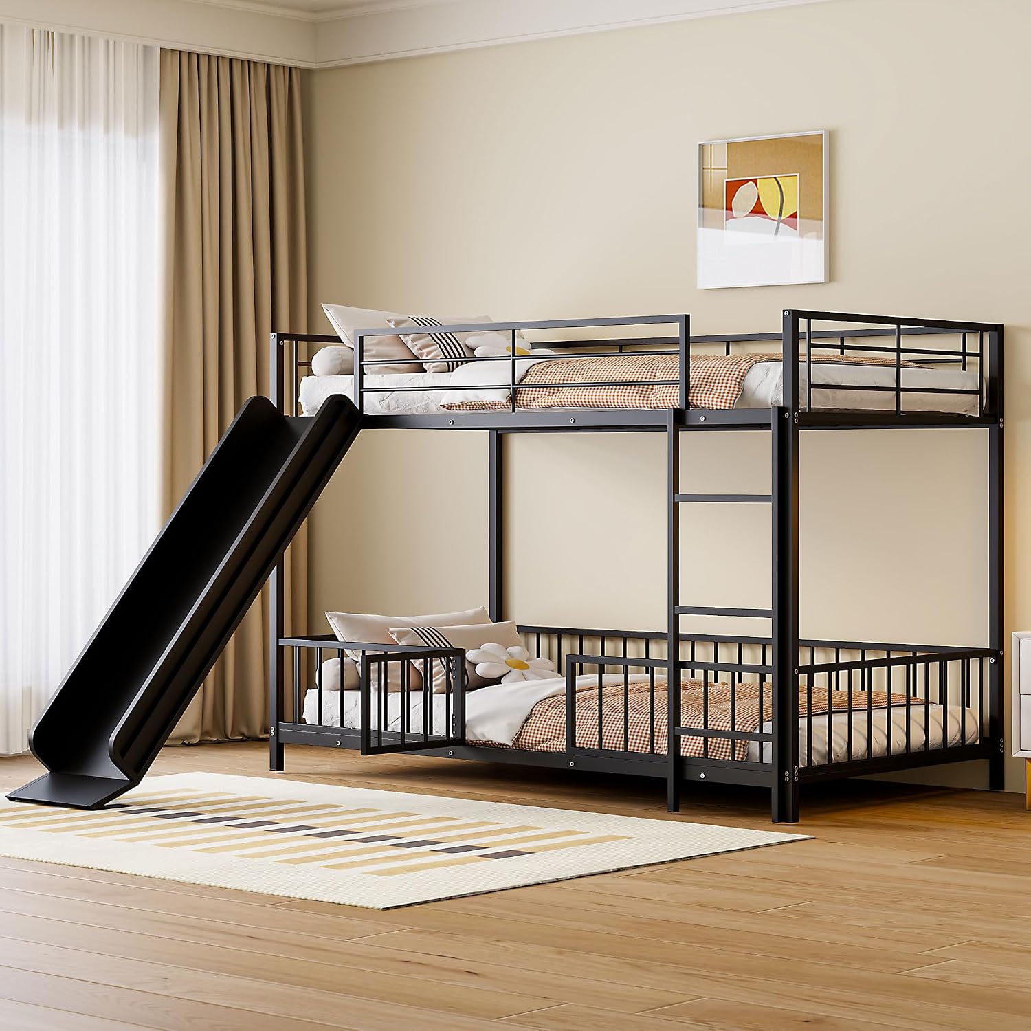 JIVOIT Metal Bunk Bed Frame with Slide and Ladder, Twin Over Twin Size Bunk Bed with Metal Slats Support, Heavy Duty Metal Low Bunk Bed, No Box Spring Needed (Black,Twin,09)