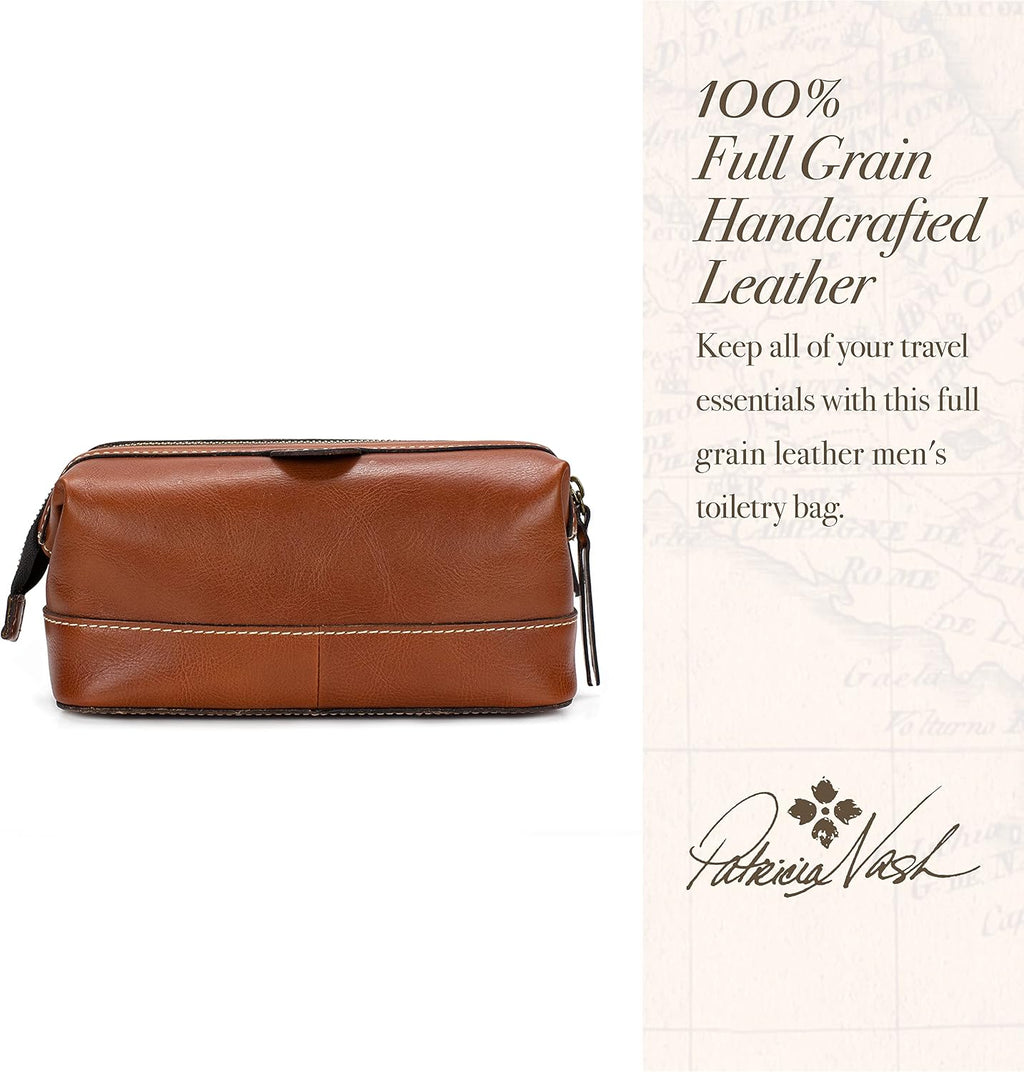 Patricia Nash Travel Toiletry Bag for Men - Heritage Leather Travel Case, Dopp Kit for Men, Full Grain Handcrafted Leather, Toiletry Bag, Stylish Travel Case, Brushed Brass Hardware, Zipper Closure