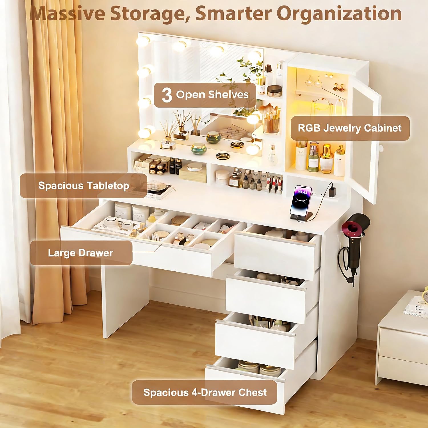 ERLEJIA Vanity Desk with LED Lights Mirror, Makeup Table with Power Outlet for Ladies and Girls, 35.43' RGB Light Makeup Desk with 6 Storage Drawers for Bedroom, White 2