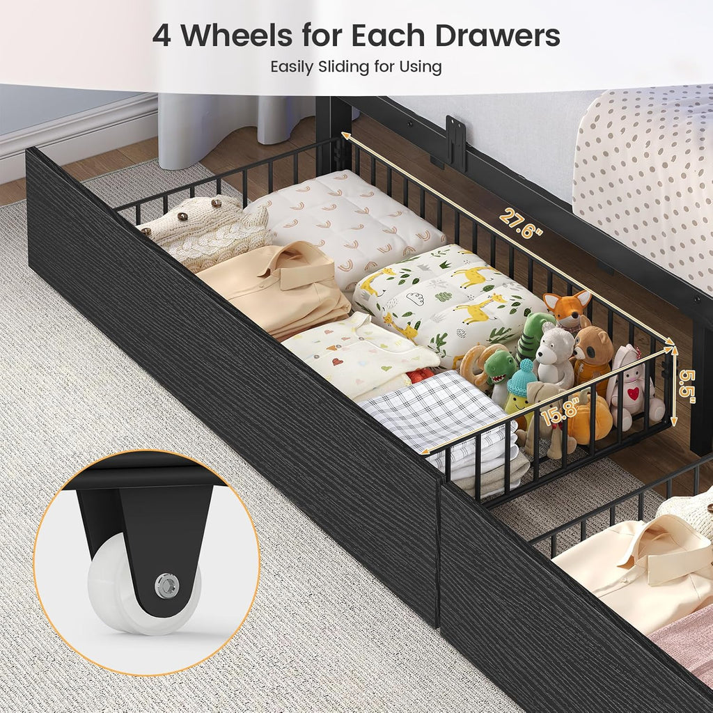 BTHFST Bunk Bed Twin Over Twin with Stairs, LED Lights Twin Bunk Bed with 2 Storage Drawers & 6 Fabric Drawers, Metal Twin Loft Beds with Guardrail & Stairs, Space Saving, Sturdy Frame for Teens