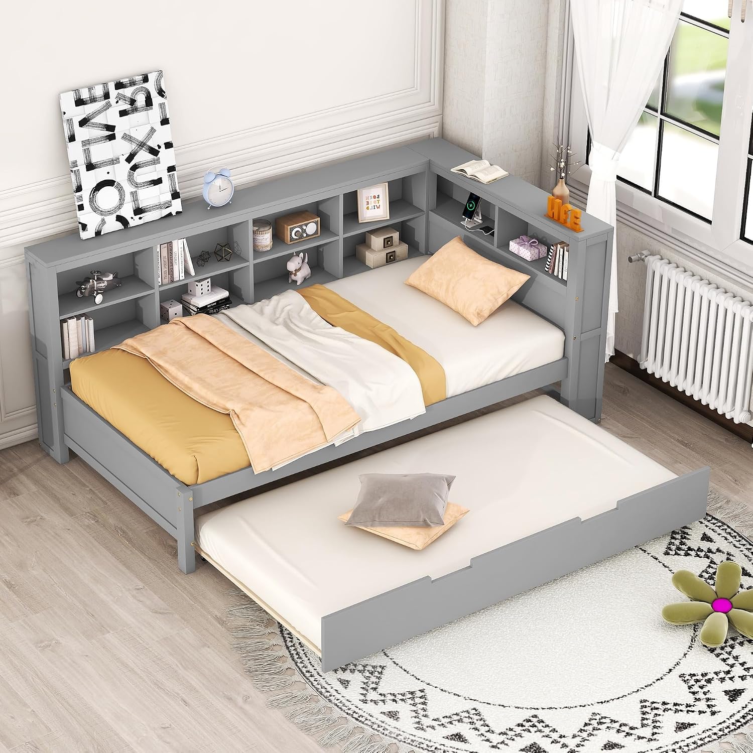 Modern Twin Size Daybed with Trundle, Solid Wood Captain Platform Bed with Storage Cabinets and USB Ports, Low Floor Bed for Kids Teens Adult Bedroom, Easy Assembly (Gray-XX115)