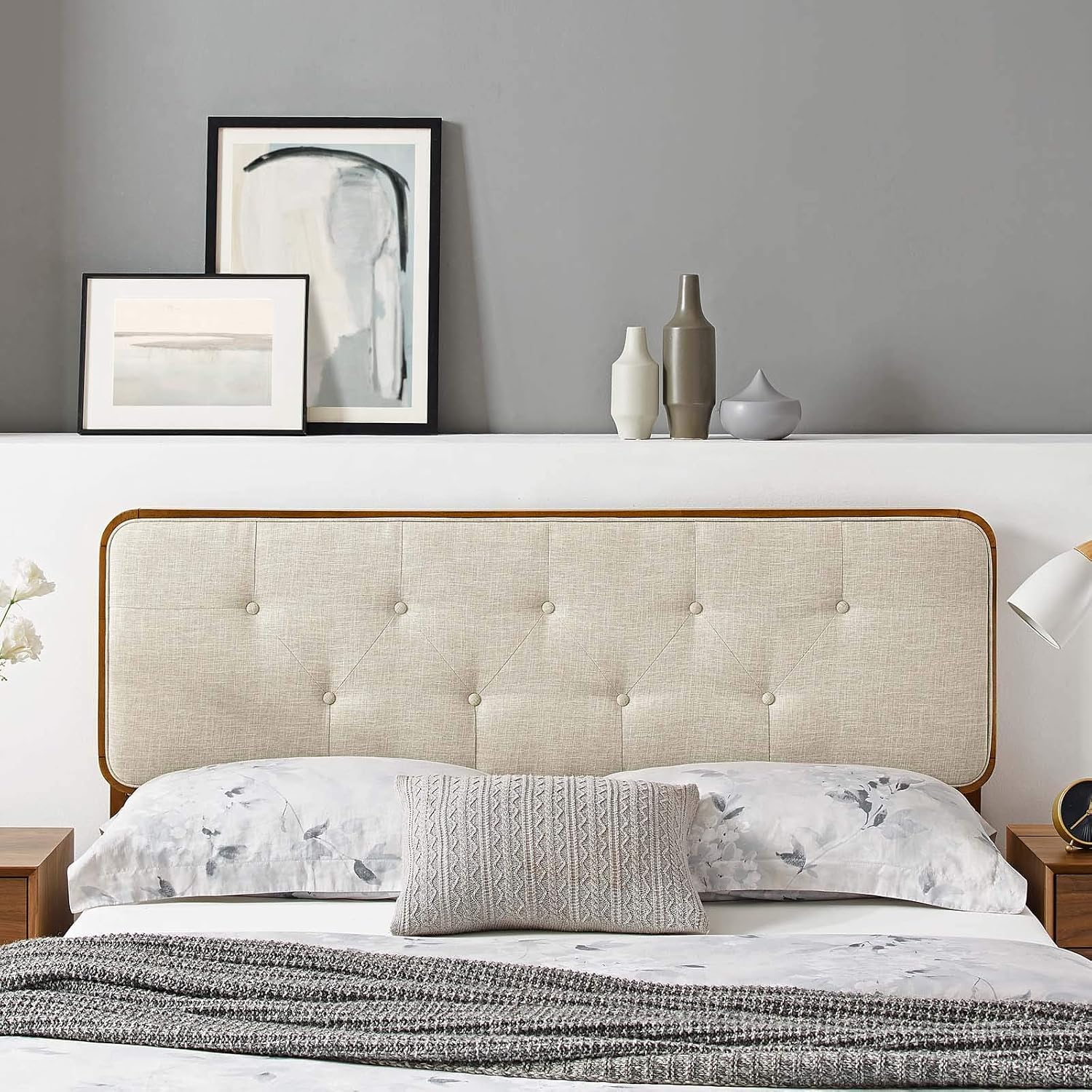 Modway MOD-6233-WAL-BEI Collins Tufted Full Fabric and Wood Headboard, Walnut Beige