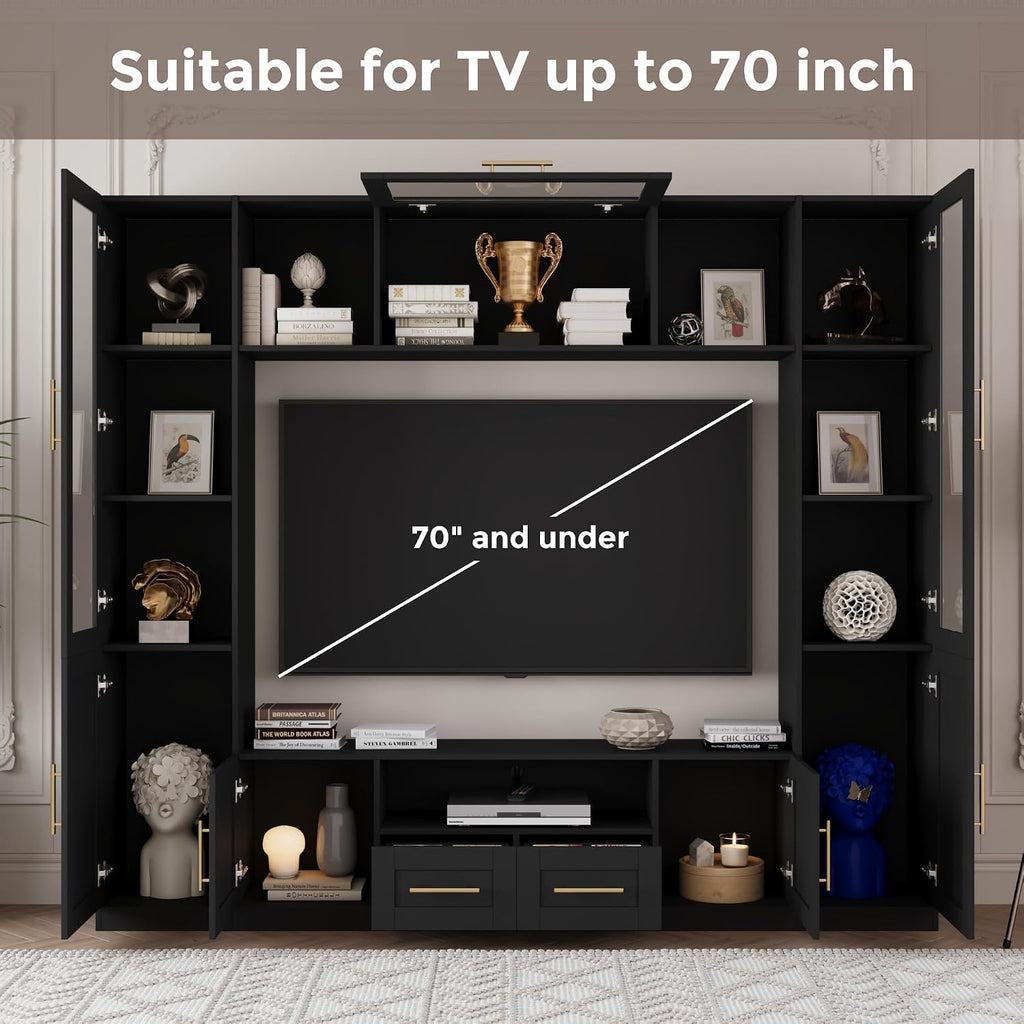 Bobve 94' Wall Unit Entertainment Center for TVs up to 70',Modern TV Console with APP LED Lights,Multifunctional TV Stand with Tempered Glass Door,Drawers & Shelves for Living Room,Black