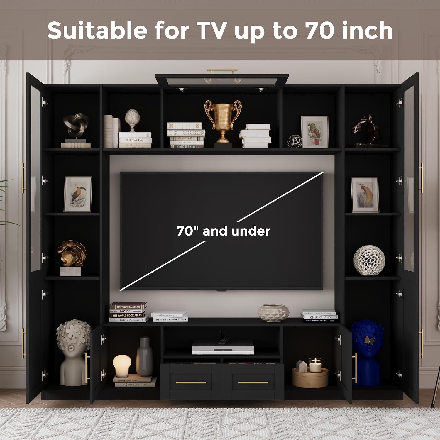 Bobve 94' Wall Unit Entertainment Center for TVs up to 70',Modern TV Console with APP LED Lights,Multifunctional TV Stand with Tempered Glass Door,Drawers & Shelves for Living Room,Black