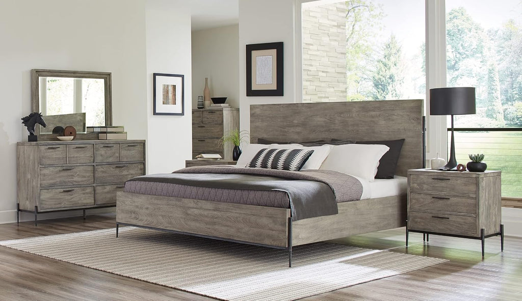Hekman Furniture Bedford Park California King Panel Bed – Solid Wood Frame Forged Iron Legs, Rustic Gray Finish, Modern Industrial Design, Adjustable Bed Rails, Sturdy & Stylish Bedroom Furniture