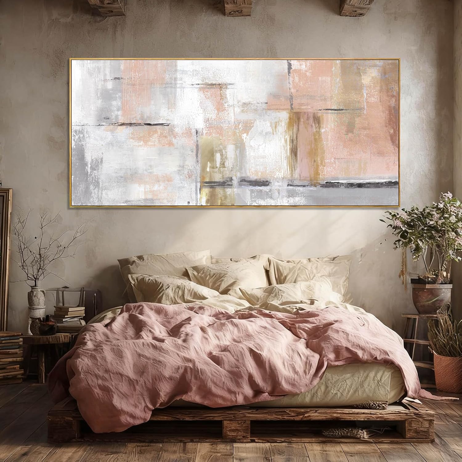 SOUGUAN Contemporary Home Wall Decor Pink and White Canvas Painting Abstract Wall Art 32'x70' Decorations for Bedroom Kitchen Artwork