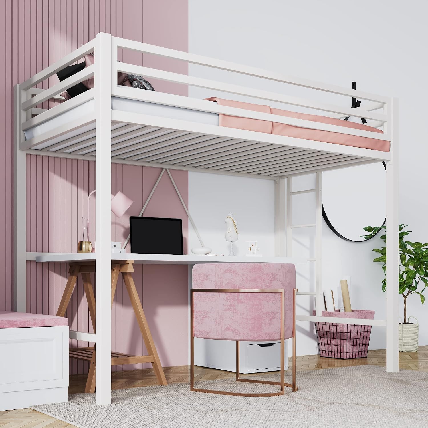 SHA CERLIN Loft Bed Twin Size with Ladder and Guardrail,Heavy Duty Metal Slats Support No Box Spring Needed Small Space Saving Furniture for Bedroom Dorm,White