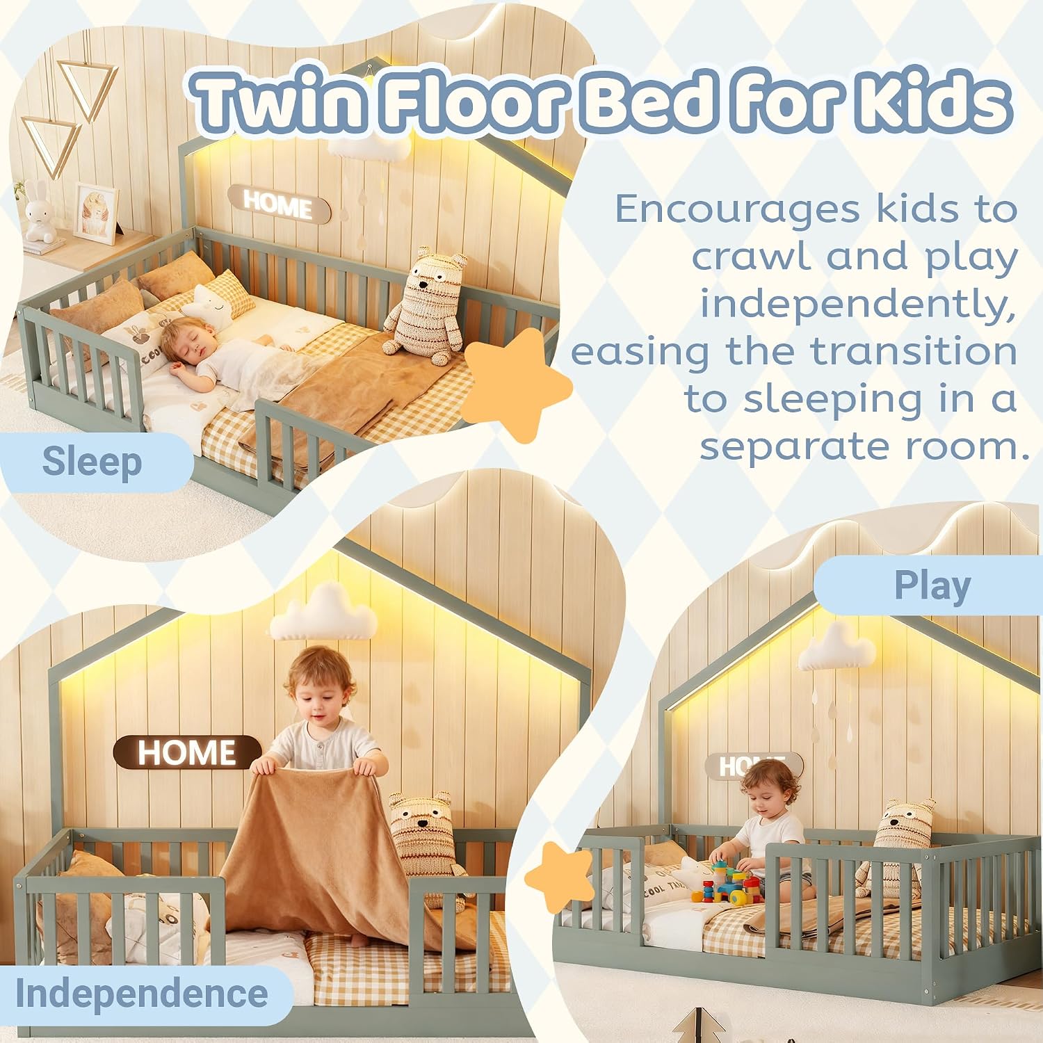 Twin Montessori Floor Bed with High Rails, Wooden Montessori House Bed Twin with Light & Slats, Low Profile Beds for Kids Girls Boys, Gray