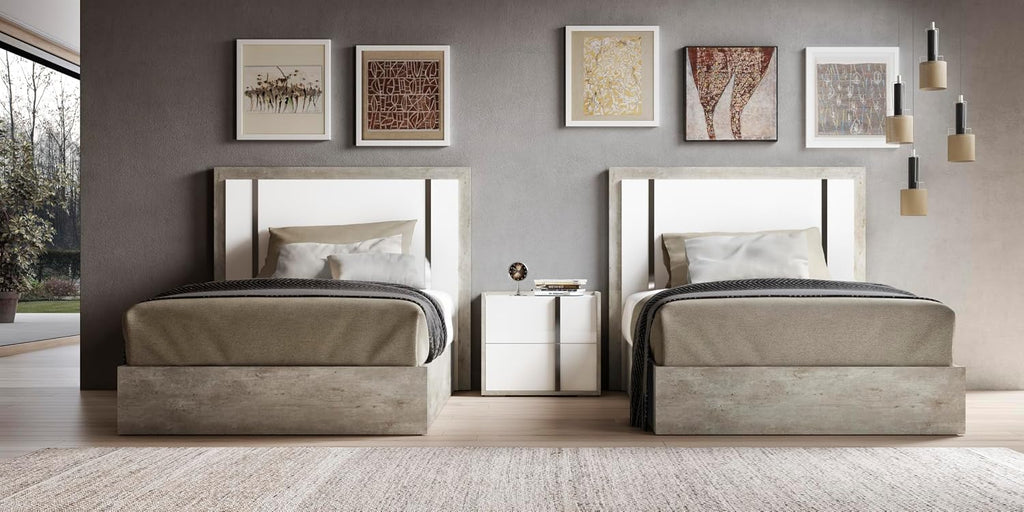 First of a Kind Treviso 48' Twin Bedroom Set - Made in Italy, Modern Bedroom Furniture Set Includes 2 x Beds, 1 x Nightstand & 2 x Orthopedic Wood Frames for Extra Comfort, (White, Grey)