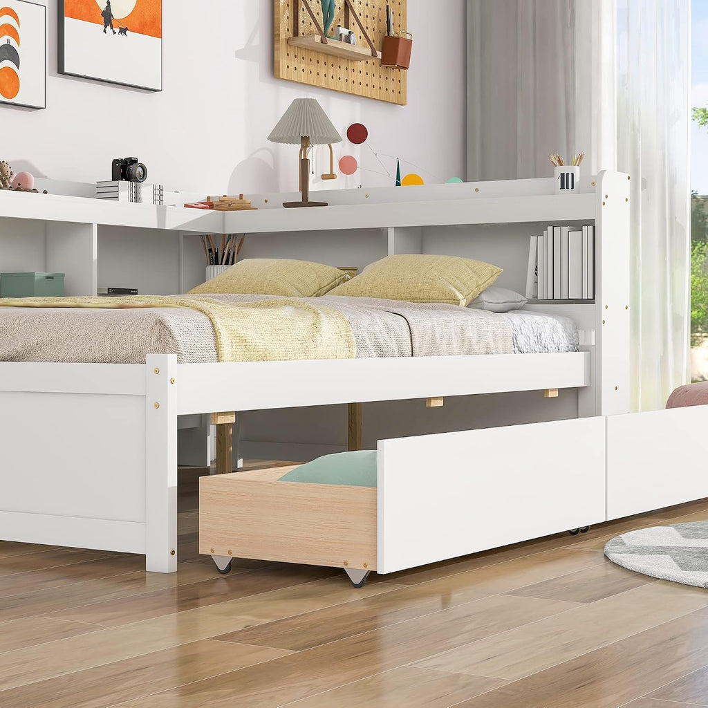 Full Size Platform Bed with L-Shaped Storage Shelfs and Bookcases, Pine Wood Day Bed with 2 Storage Drawers for Office/Living Room/Bedroom, Maximize Space (White)