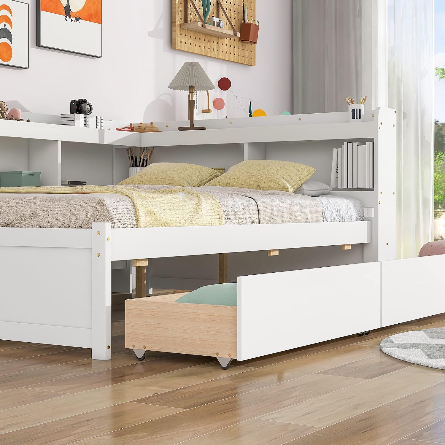 Full Size Platform Bed with L-Shaped Storage Shelfs and Bookcases, Pine Wood Day Bed with 2 Storage Drawers for Office/Living Room/Bedroom, Maximize Space (White)