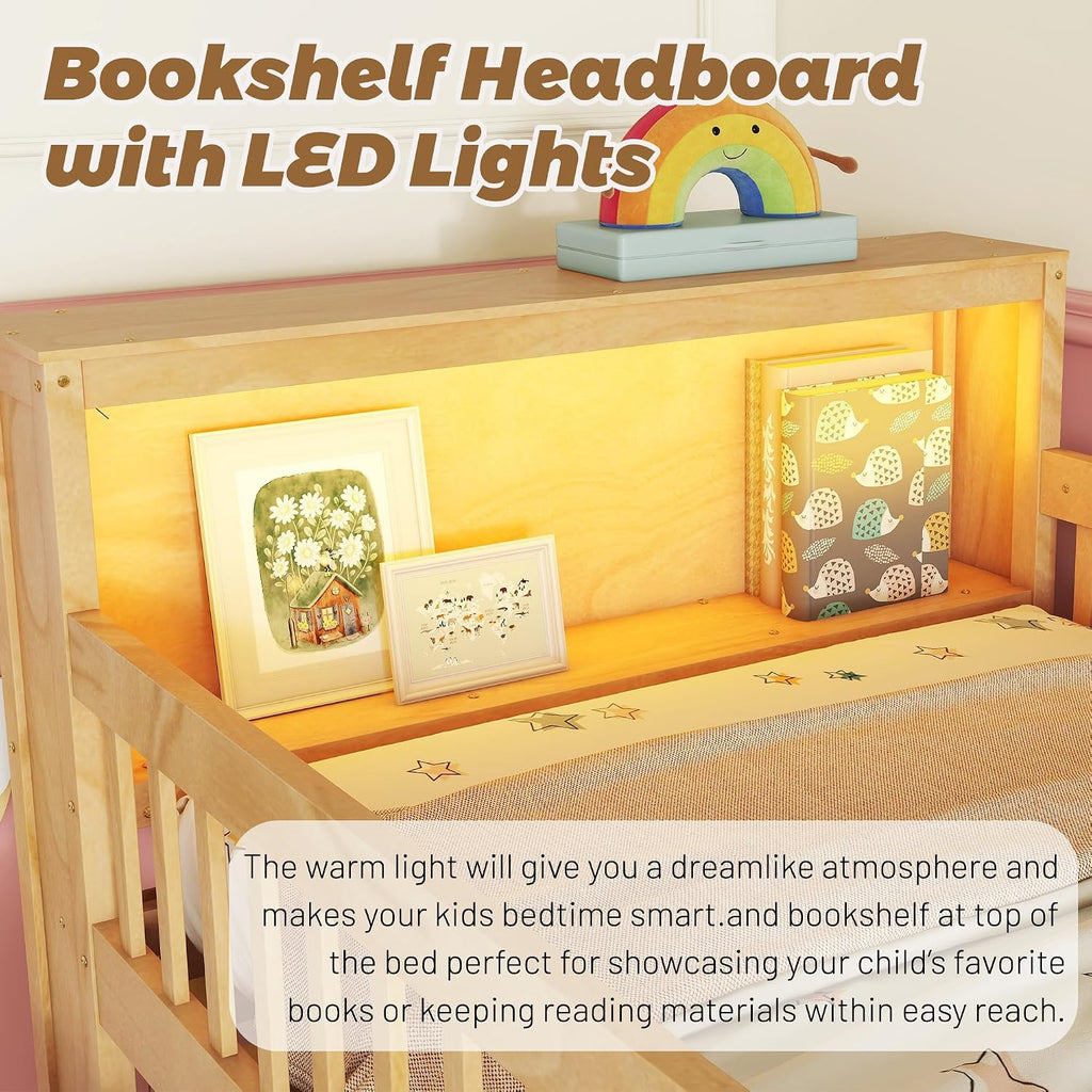 Low Loft Bed with LED Lights and Bookshelf, Wooden Kids Loft Bed with Stairs and Safety Guardrail, Low Loft Bed Twin with 2 Storage Drawers and Shelves for Girls Boys ,No Box Spring Needed, Natural