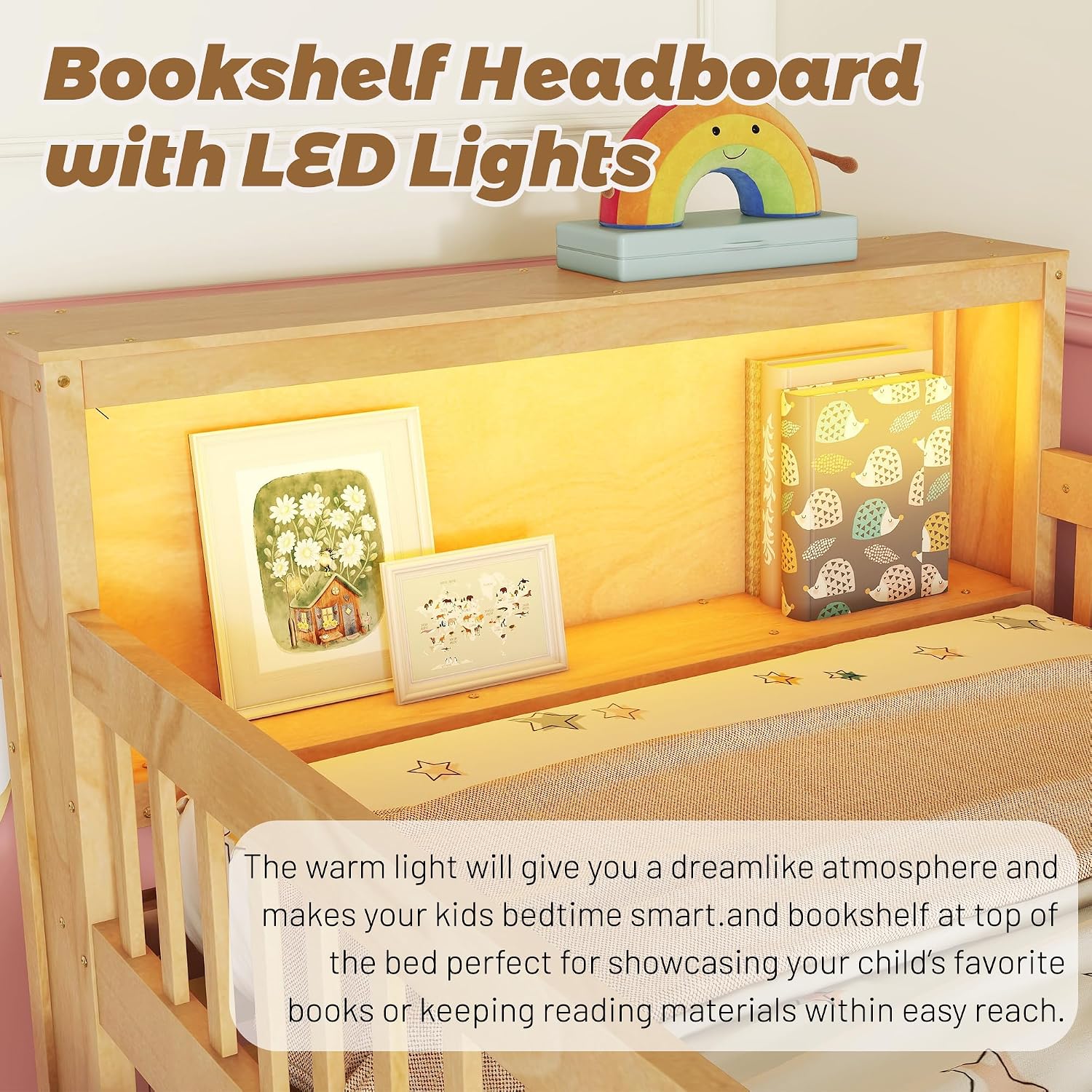 Low Loft Bed with LED Lights and Bookshelf, Wooden Kids Loft Bed with Stairs and Safety Guardrail, Low Loft Bed Twin with 2 Storage Drawers and Shelves for Girls Boys ,No Box Spring Needed, Natural