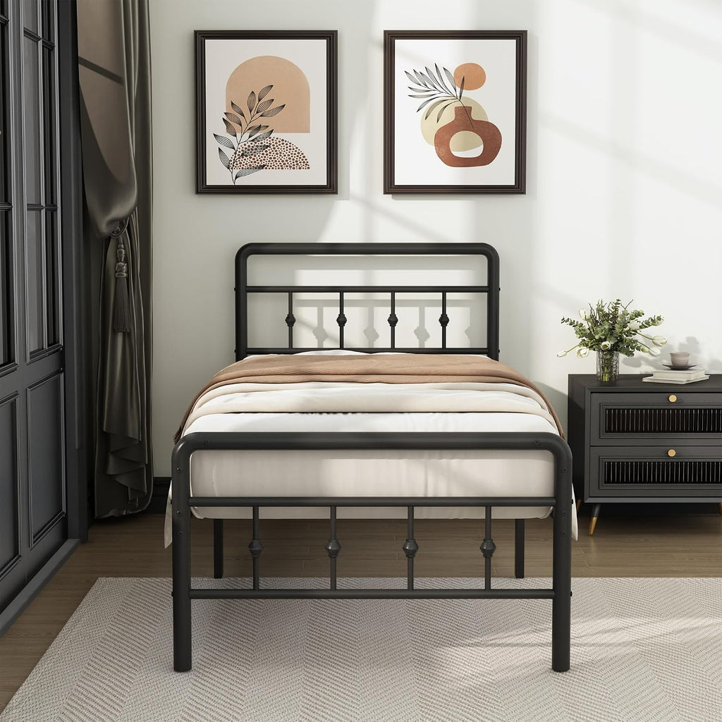 DiaOutro 16 Inch Twin XL Bed Frame with Headboard and Footboard, Classic Metal Platform No Box Spring Needed Heavy Duty Victorian Style Iron-Art Mattress Foundation/Under Bed Storage