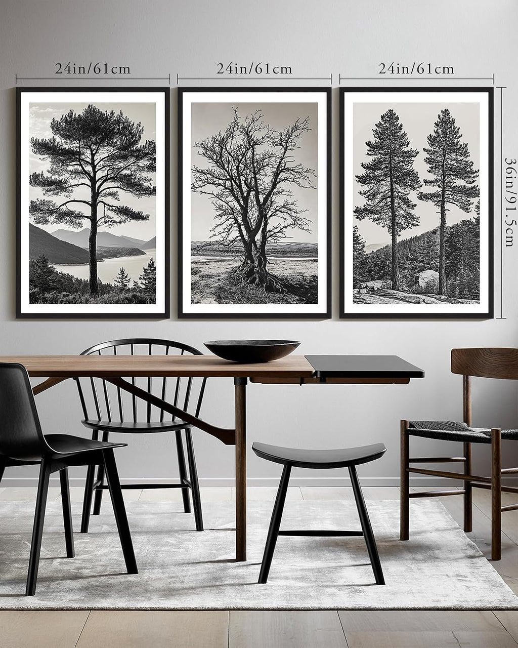 KUVIOKE Vintage Tree Framed Wall Art Black and White Retro Antique Forest Drawings Nature Wilderness Sketch Wall Painting Modern Bedroom Decor 24x36in (Black Framed)