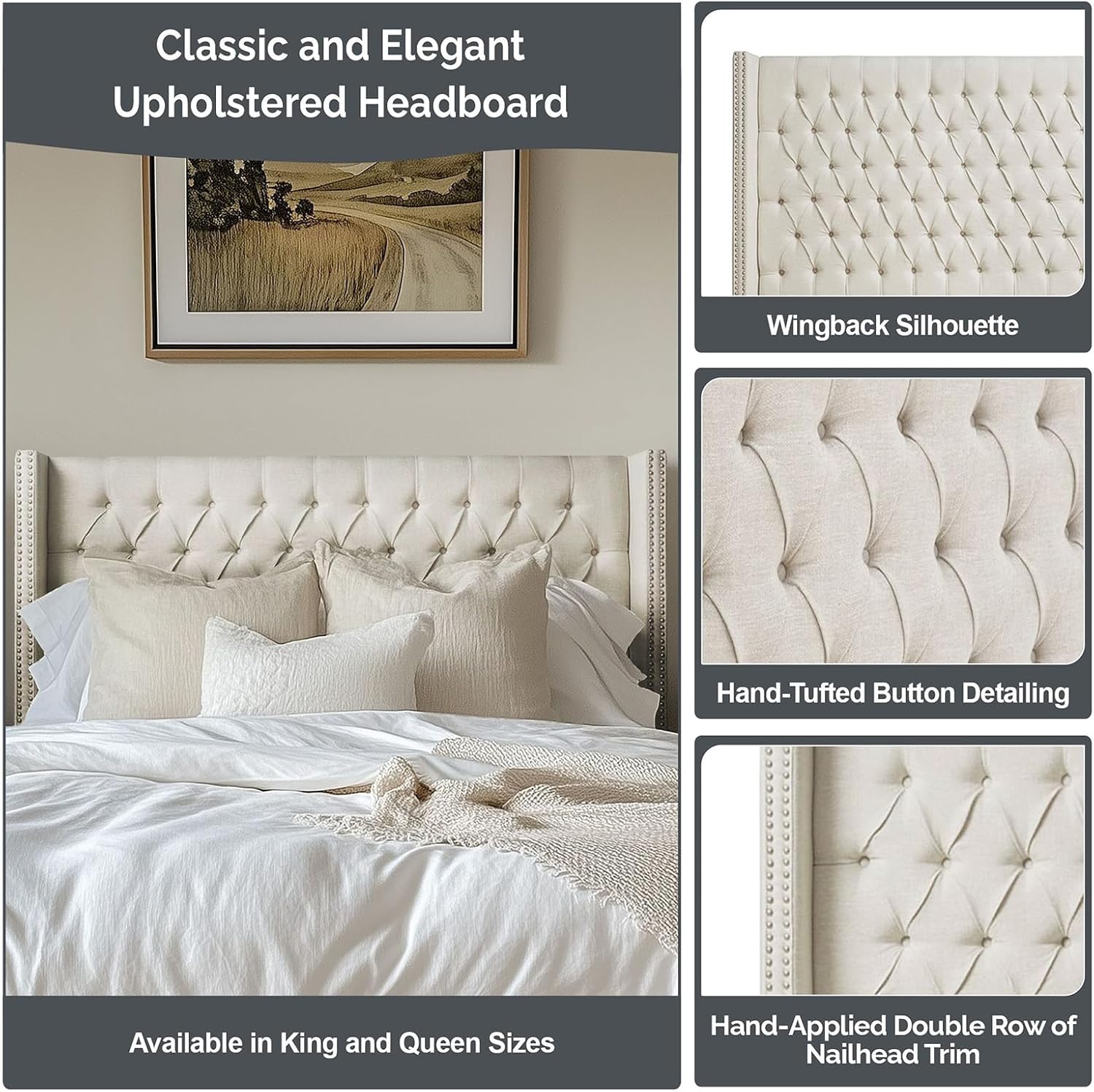 Madison Park Amelia Headboard King Wingback Upholstered - Hand-Tufted Button Detail, Double Nailhead Trim, Foam-Padded Durable Fabric, Adjustable Fit for Classic Bedrooms-Beige Velvet