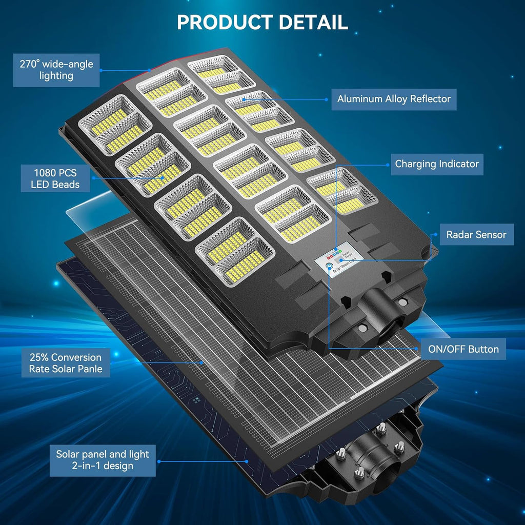 VOOJOY 8000W Solar Street Lights Outdoor Waterproof, Dusk to Dawn Solar Lights Outdoor with Motion Sensor and Remote Control for Yard, Parking Lot, Garage, Street, 2 Pack