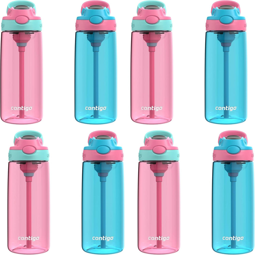 Contigo Aubrey Kids Water Bottle,20oz,Azalea/Jade & Blue Raspberry.Azalea,Spill-Proof Lid,Dishwasher Safe,BPA Free,(Pack of 8)