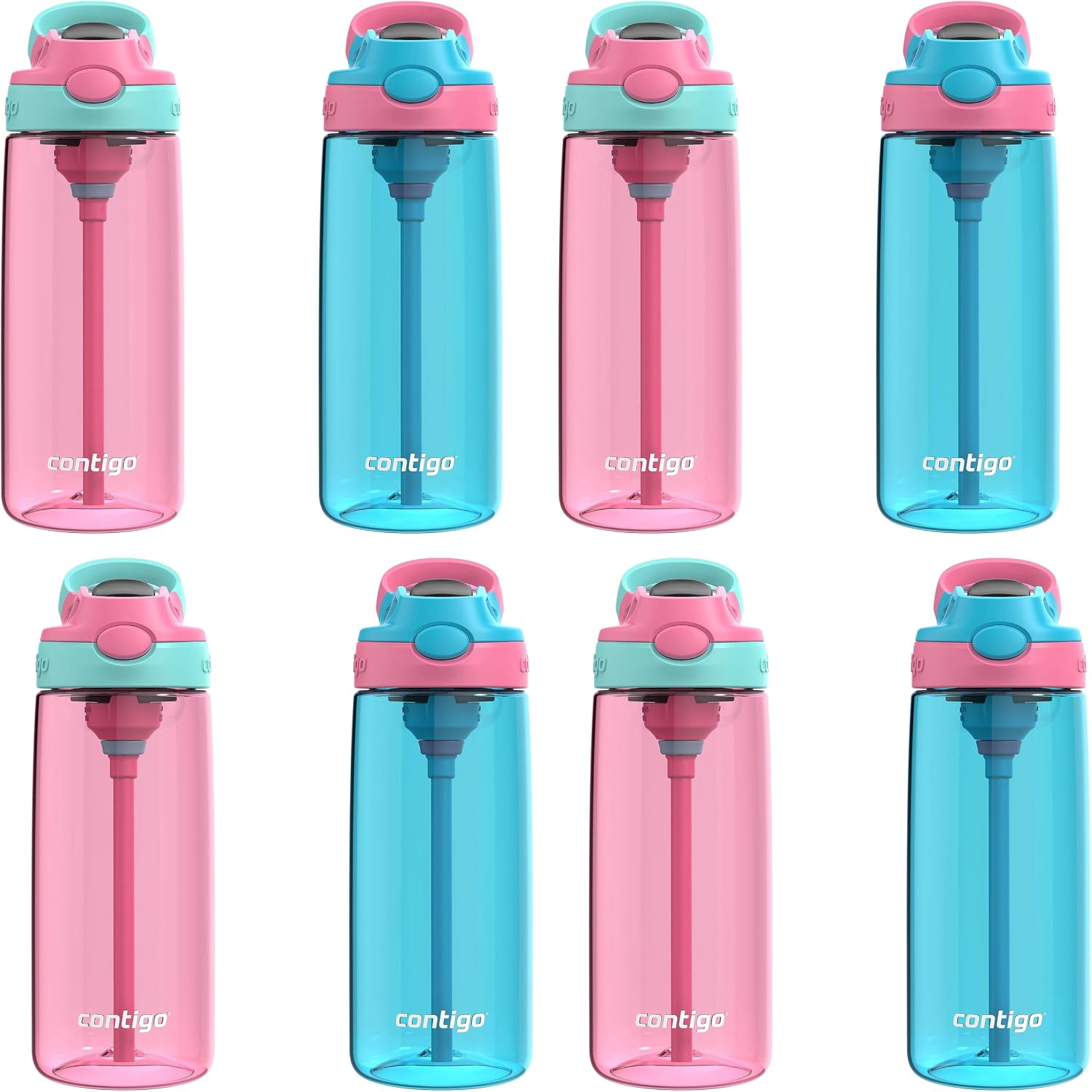 Contigo Aubrey Kids Water Bottle,20oz,Azalea/Jade & Blue Raspberry.Azalea,Spill-Proof Lid,Dishwasher Safe,BPA Free,(Pack of 8)