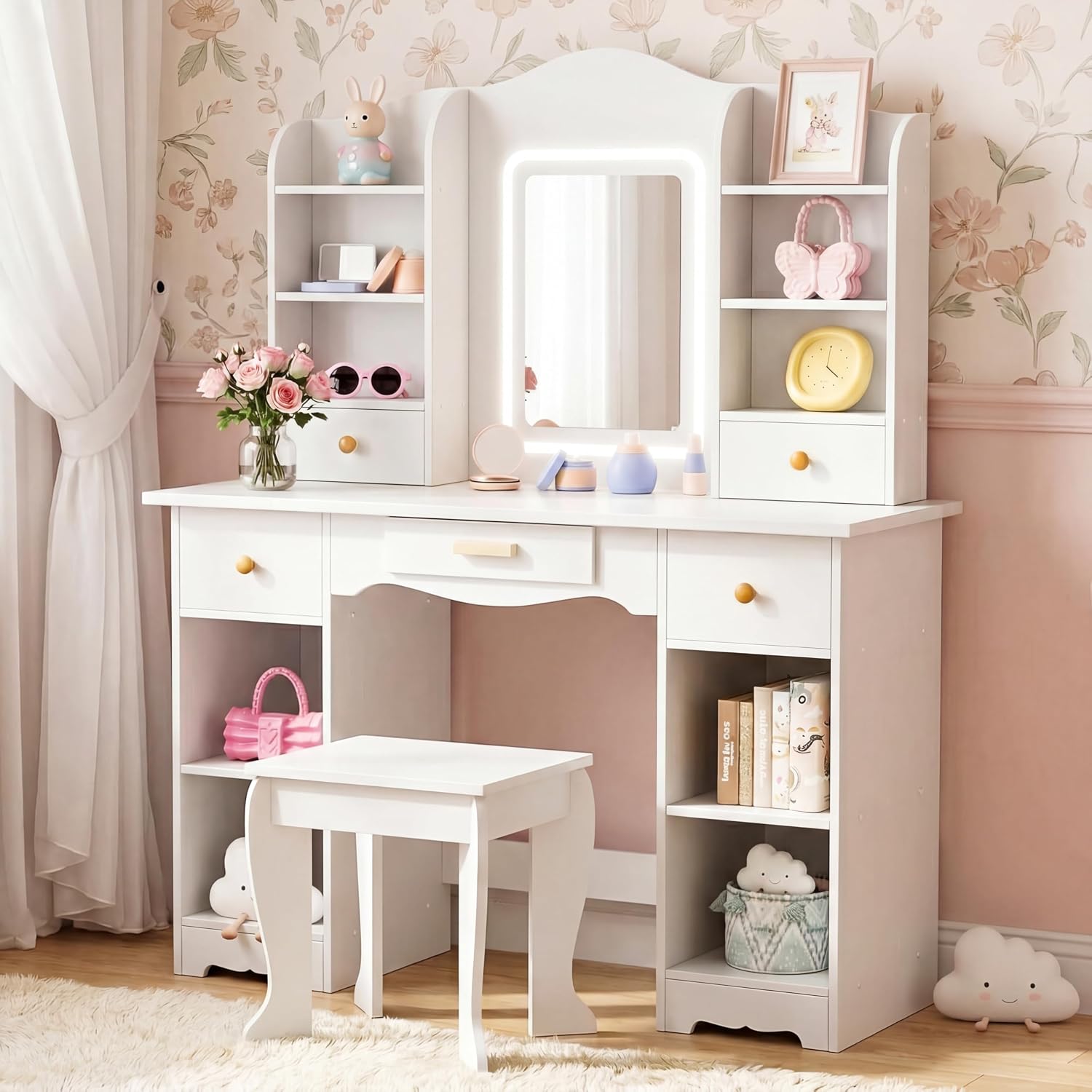 Arlopu Kids Vanity with 3-Color Lights, Girls Vanity Set w/Large Storage, Mirror ＆ Stool, 2 in 1 Princess Wooden Pretend Play Makeup Desk, Dressing Table and Chair, Open Shelves, Drawer (White)