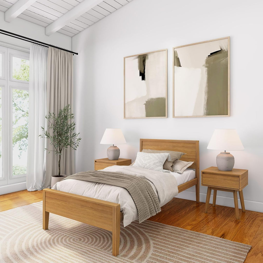 Plank+Beam Solid Wood Twin Bed Frame with Panel Headboard, Modern Twin Platform Bed with Wood Slat Support, No Box Spring Needed, Pecan