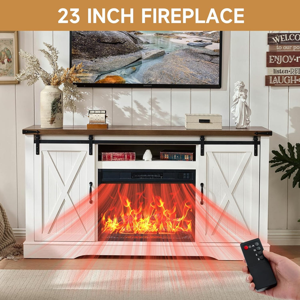 ROCKPOINT 58' Fireplace TV Stand for TV up to 65 Inch with Farmhouse Tall Sliding Barn Doors, Entertainment Center with Storage Cabinet, 23' Electric Fireplace with Remote, White