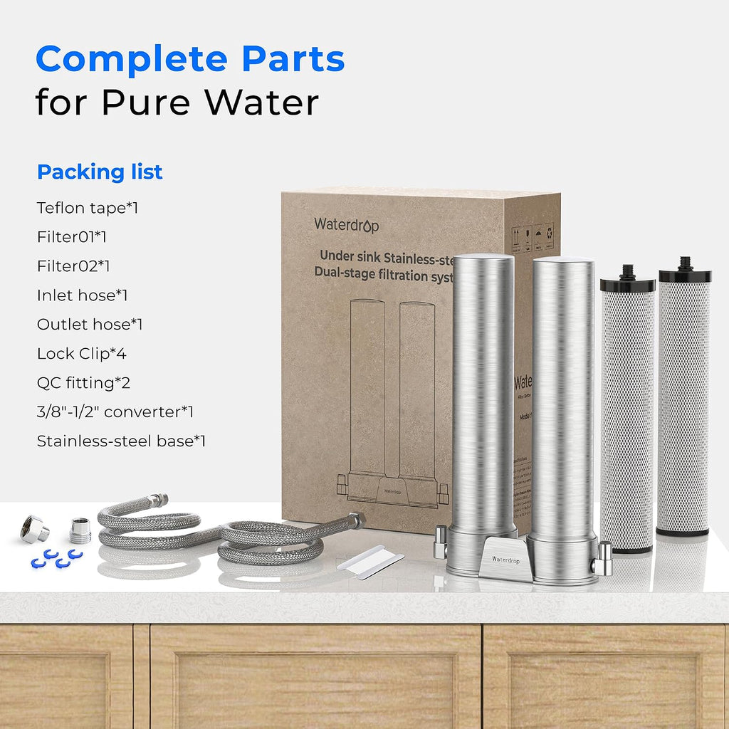 Waterdrop DST Under Sink Water Filter System, Under Sink Water Filtration System, NSF Certified Elements, Reduce Chlorine, PFOA/PFOS, Bad Taste & Odor, Silver Ions Enhanced Filtration, Stainless Steel