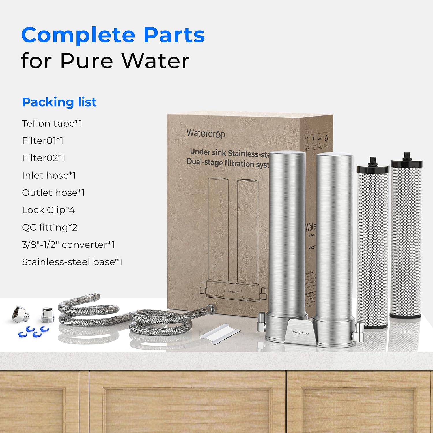 Waterdrop DST Under Sink Water Filter System, Under Sink Water Filtration System, NSF Certified Elements, Reduce Chlorine, PFOA/PFOS, Bad Taste & Odor, Silver Ions Enhanced Filtration, Stainless Steel