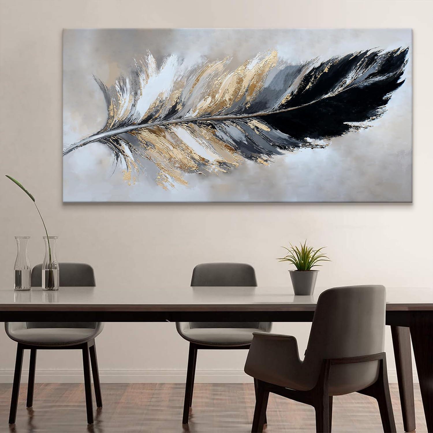 Canvas Art Wall Decor Large Wall art for living room Modern Abstract Wall Decor Painting Print Modern Home Decorations Black and Gold Minimalist Abstract Art Feather Home Artwork Size 35'X70'