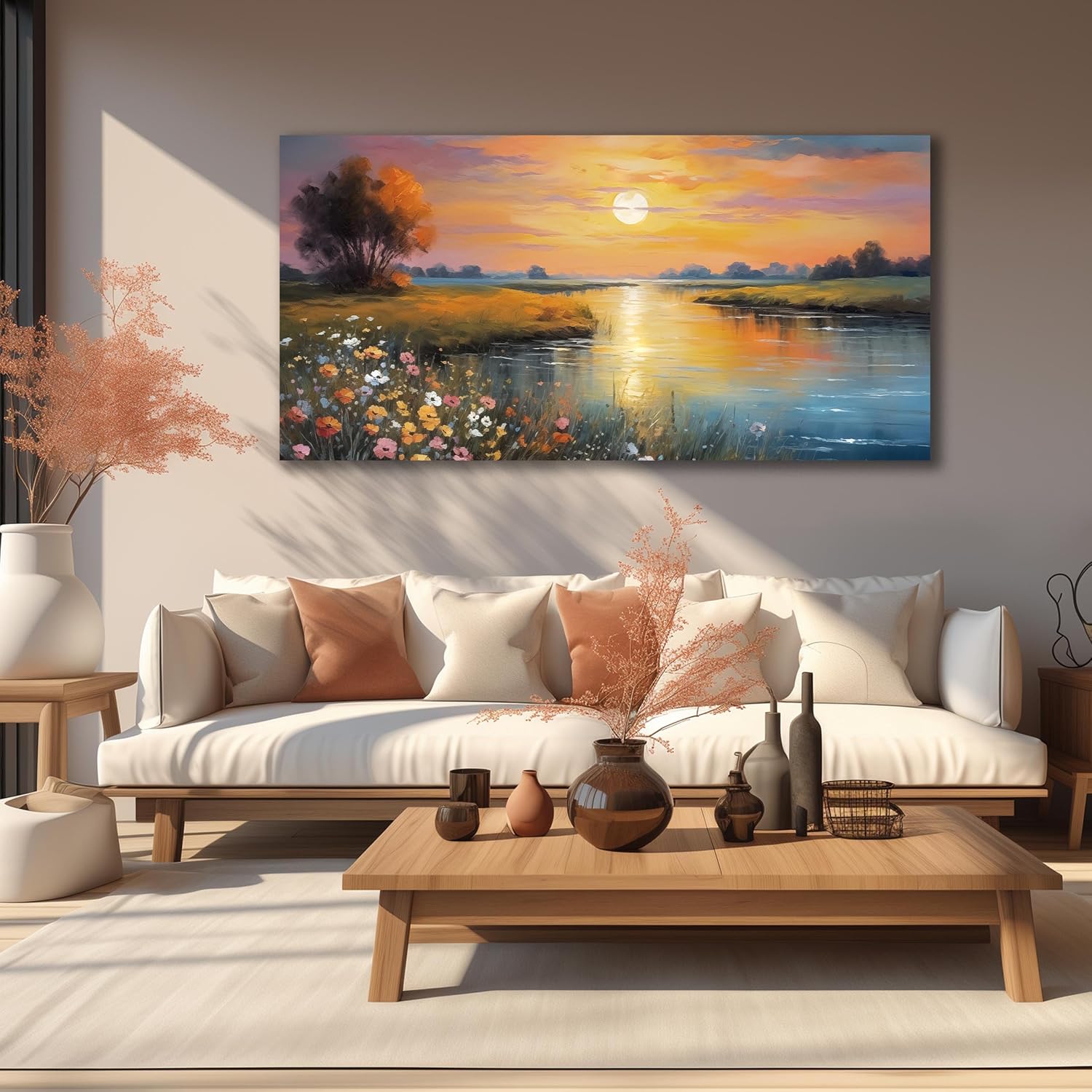 Orange Yellow Sunset Lake Landscape Canvas Wall Art with Colorful Wildflowers & Distant Mountain, Serene Nature Scene Large Picture Print Painting Artwork for Living Room Bedroom Decor 58x29 Inches