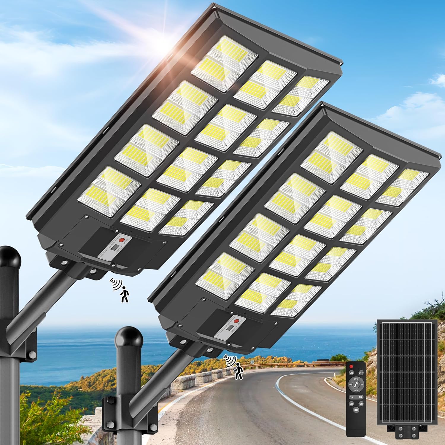 OKPRO 10000W Solar Street Lights Outdoor, IP66 Waterproof Solar Lights Outdoor with Motion Sensor & Remote, Dusk to Dawn Commercial Security Lighting for Parking Lot, Yard, Farm, Driveway (2 Pack)