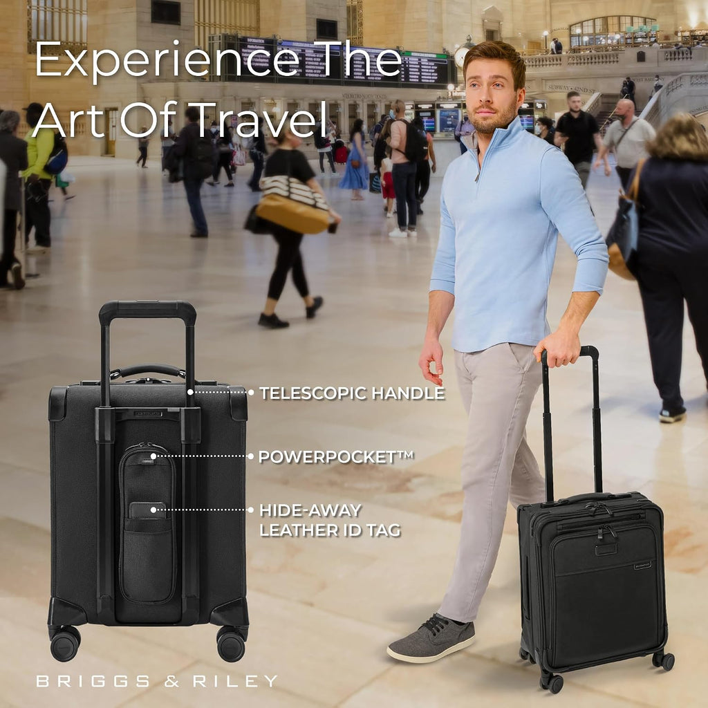 Briggs & Riley Compact 19' Carry-On Expandable Spinner - Carry On Luggage for Travel, Suitcases with Wheels, Softside Rolling Bag for Men & Women, Garment Panels - Baseline Collection, Black