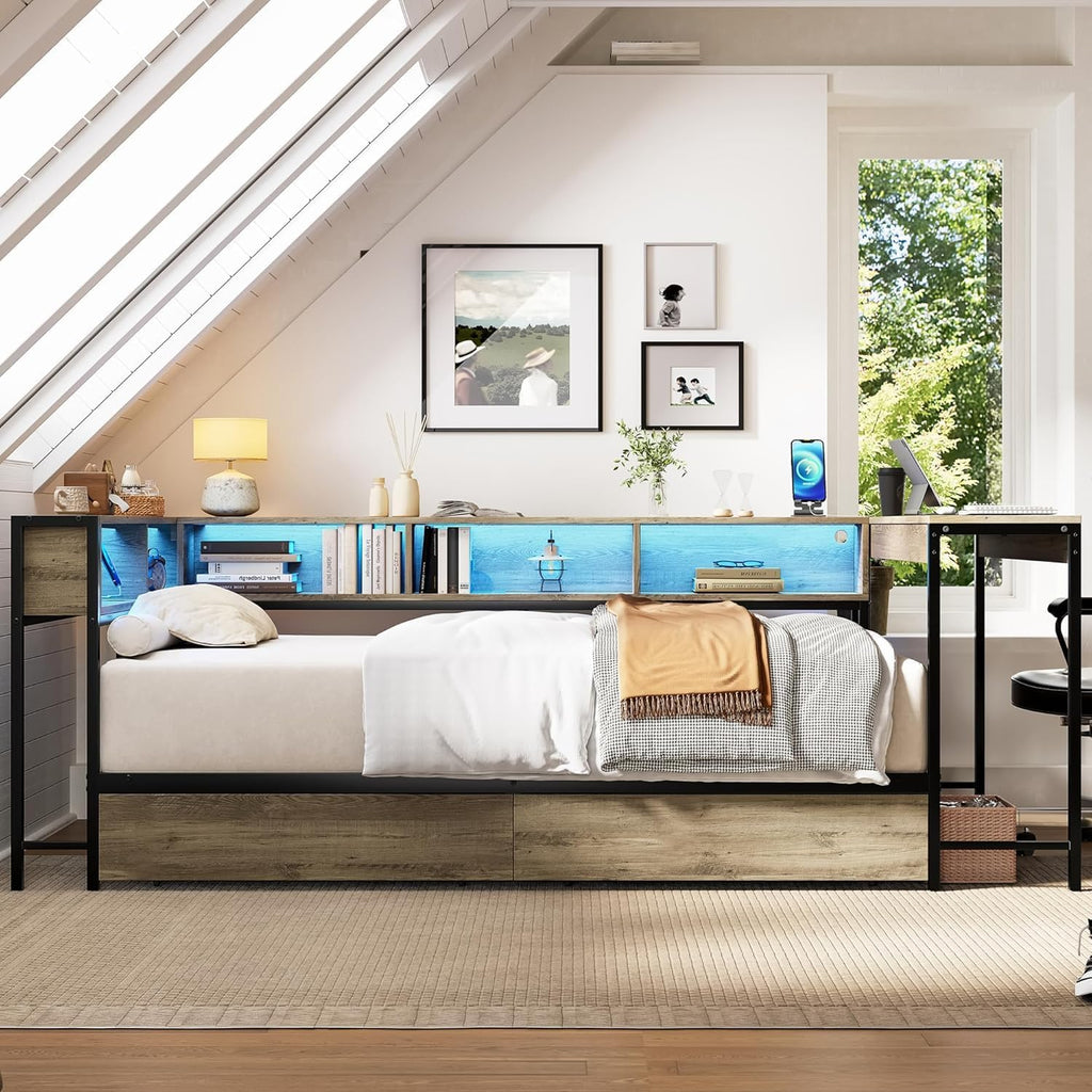 Twin Corner Bed Frame with Desk and Storage Bookcase, L- Shaped Daybed with 2 Drawers, LED Lights & 2 Charging Station, Modern Metal Twin Size Platform Bed for Kids/Teen Bedroom, Brown