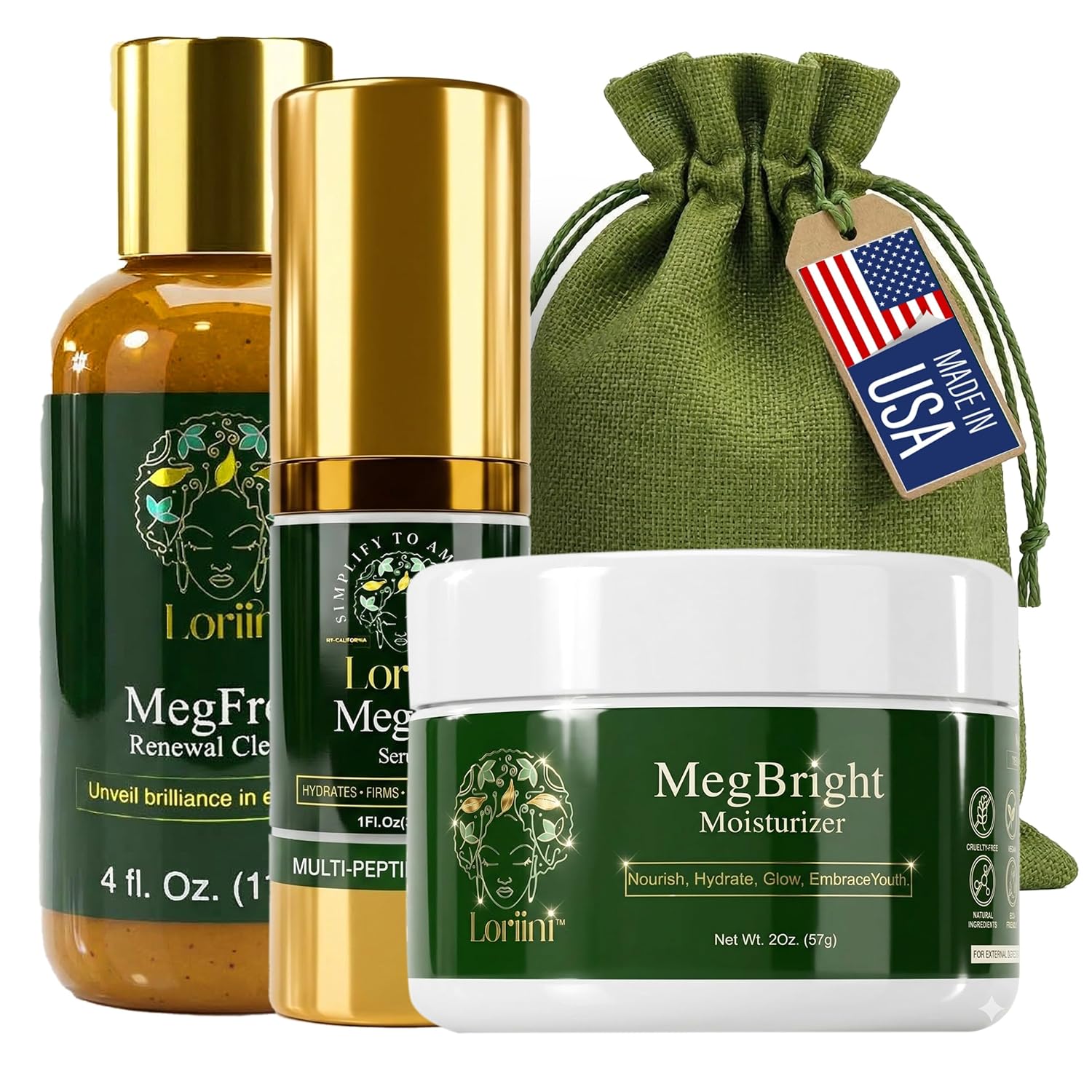 Loriini™ Meg Collection – Skincare Set for Women, MegPep Peptide Serum with Hyaluronic Acid, MegFresh Cleanser Exfoliating Face Wash, MegBright Moisturizer for Dark Spots - Gifts for Mom