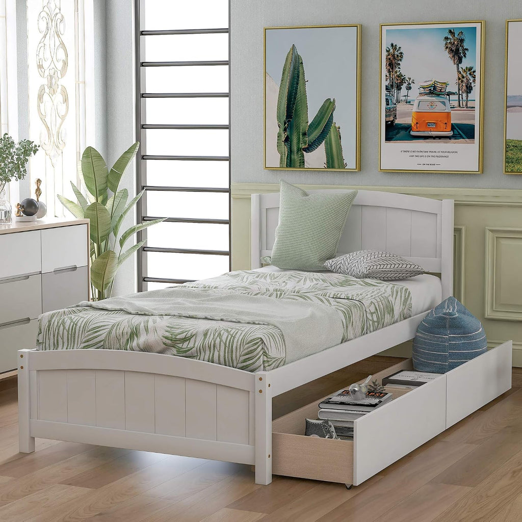 Bellemave Twin Size Platform Bed with 2 Storage Drawers, Solid Wood Twin Bed Frame with Slat Support and Headboard for Kids, Teen, Adults, No Box Spring Needed(Twin, White)