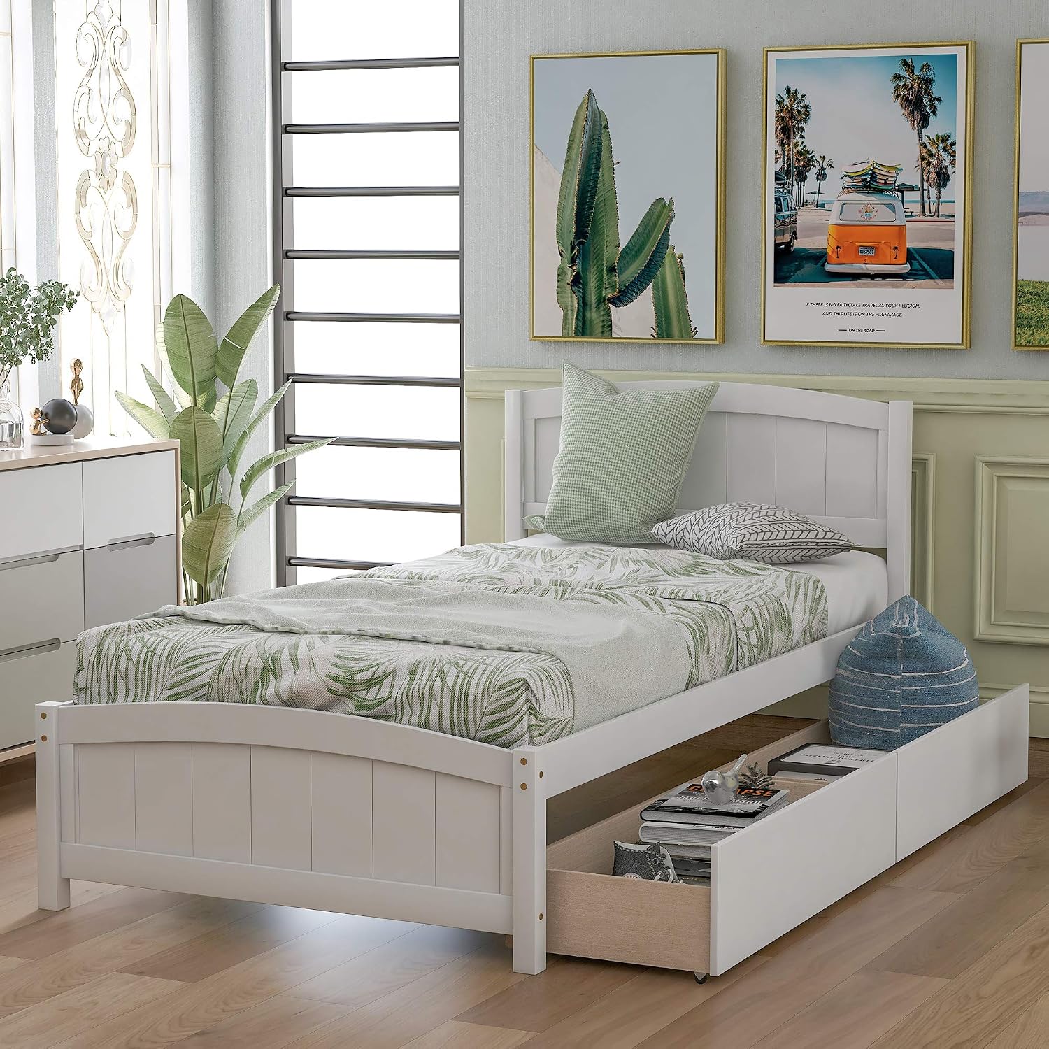 Bellemave Twin Size Platform Bed with 2 Storage Drawers, Solid Wood Twin Bed Frame with Slat Support and Headboard for Kids, Teen, Adults, No Box Spring Needed(Twin, White)