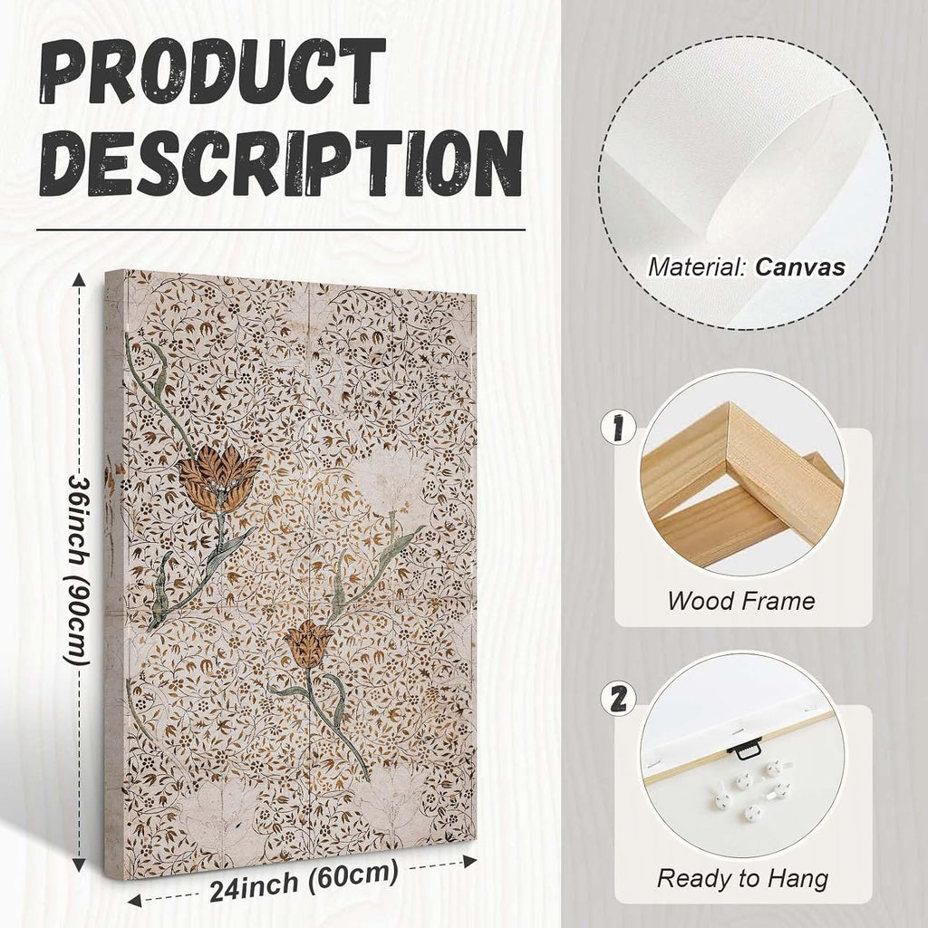 Vintage William Morris Wall Art Decor Boho Floral Botanical Canvas Pictures Abstract Neutral Flower Print Vintage Farmhouse Artwork Painting for Living Room Bedroom 24x36 Inch Wrapped Canvas Set of 3