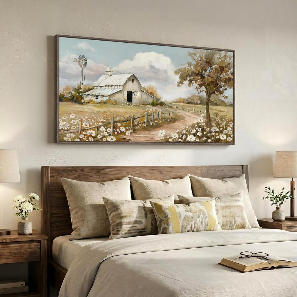 Large Framed Farmhouse Wall Art for Living Room, Vintage Rustic White Barn Canvas Prints, Country Floral Landscape Wall Decor for Bedroom Dining Room Hallway 30x60 Inch